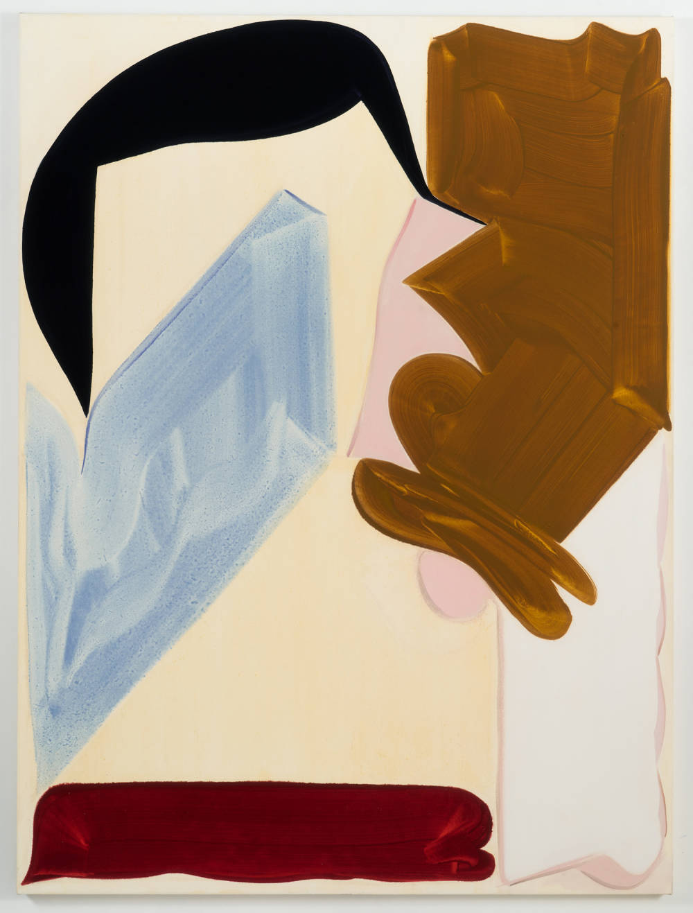 A large abstract painting. The ground of the painting is a warm white. The painting contains multiple dominant abstract forms. The forms are painted gesturally. The dominant colors are shades of brown, black, blue, and magenta. 