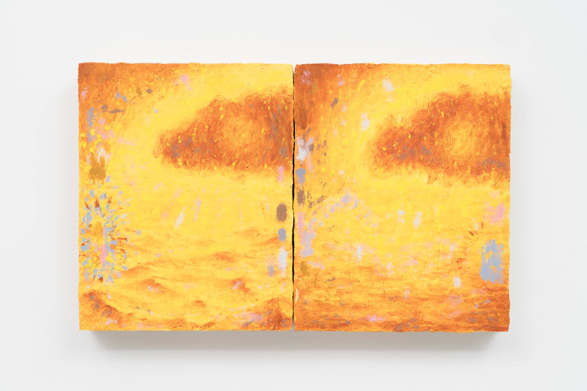 A small diptych of two nearly identical paintings of a monochromatic yellow ocean landscape with a dark cloud in the sky. In the left landscape, the waters are choppy. In the right, they are calm. There are small graphic details around the border of the paintings in hues of grey, brown, and pink.