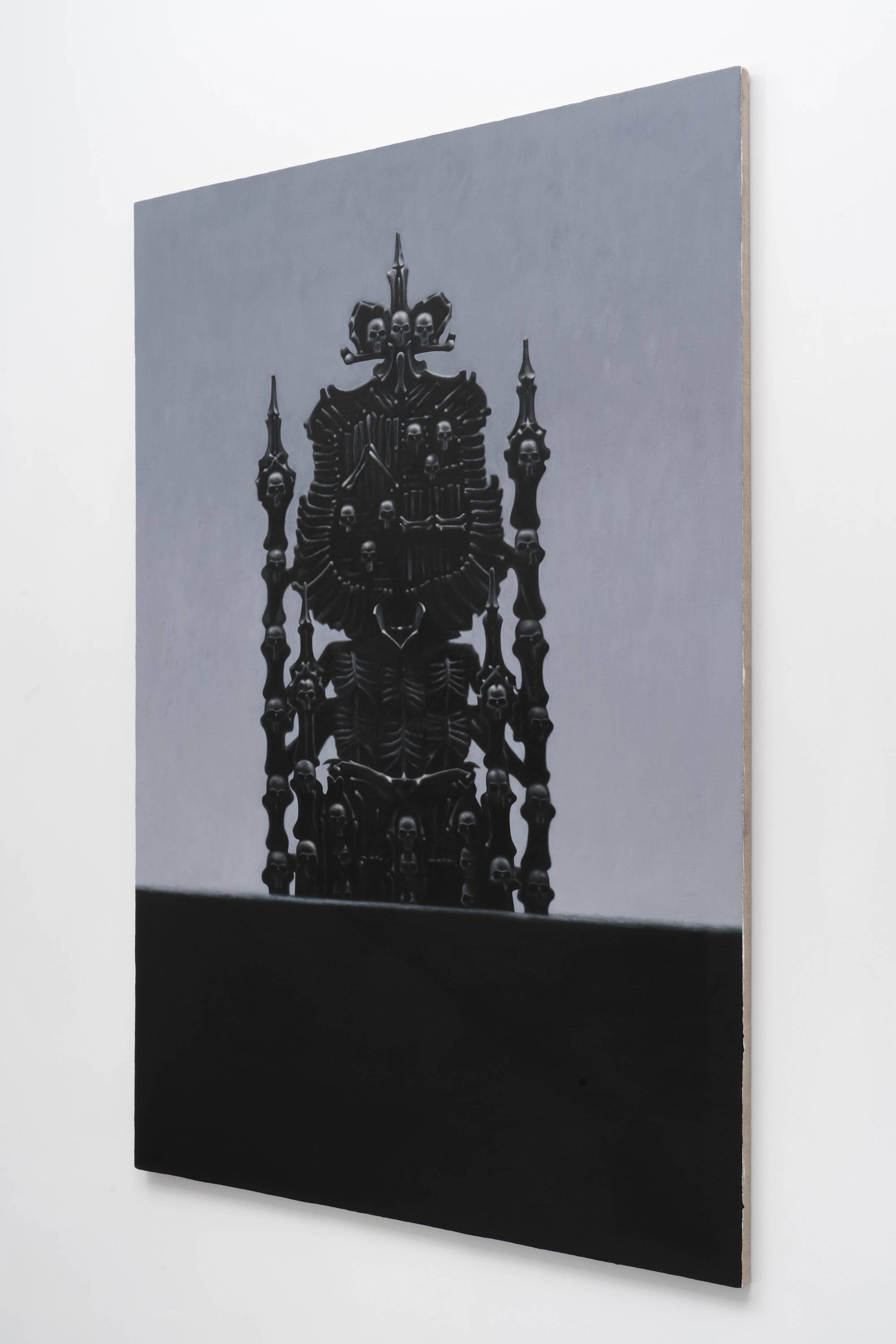 3/4 view of Ian Miyamura painting depicting a throne of skulls against a light grey background and black foreground.