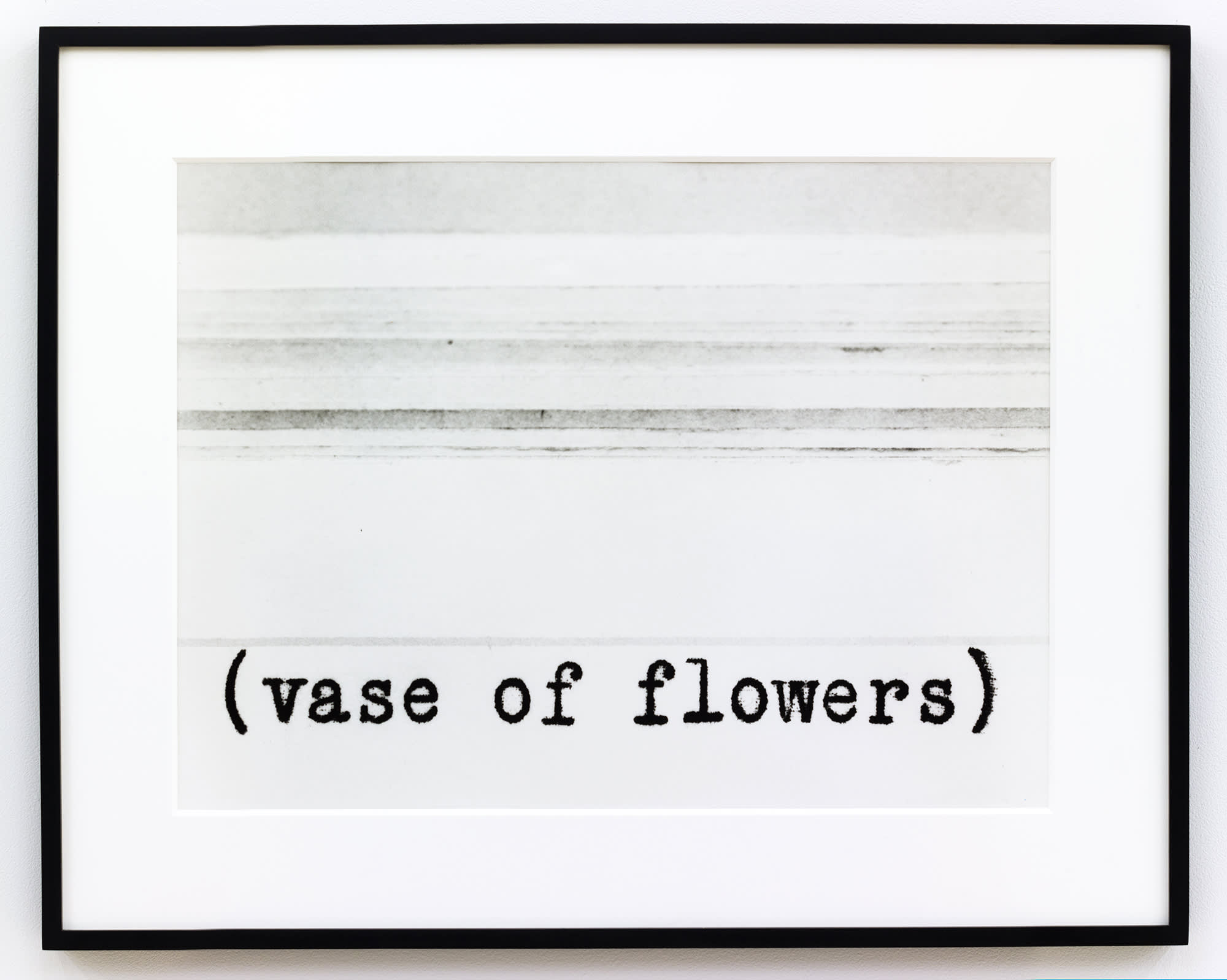 A black and white framed horizontal photograph with a white background and horizontal black lines and at center, the type written phrase, '(vase of flowers).'