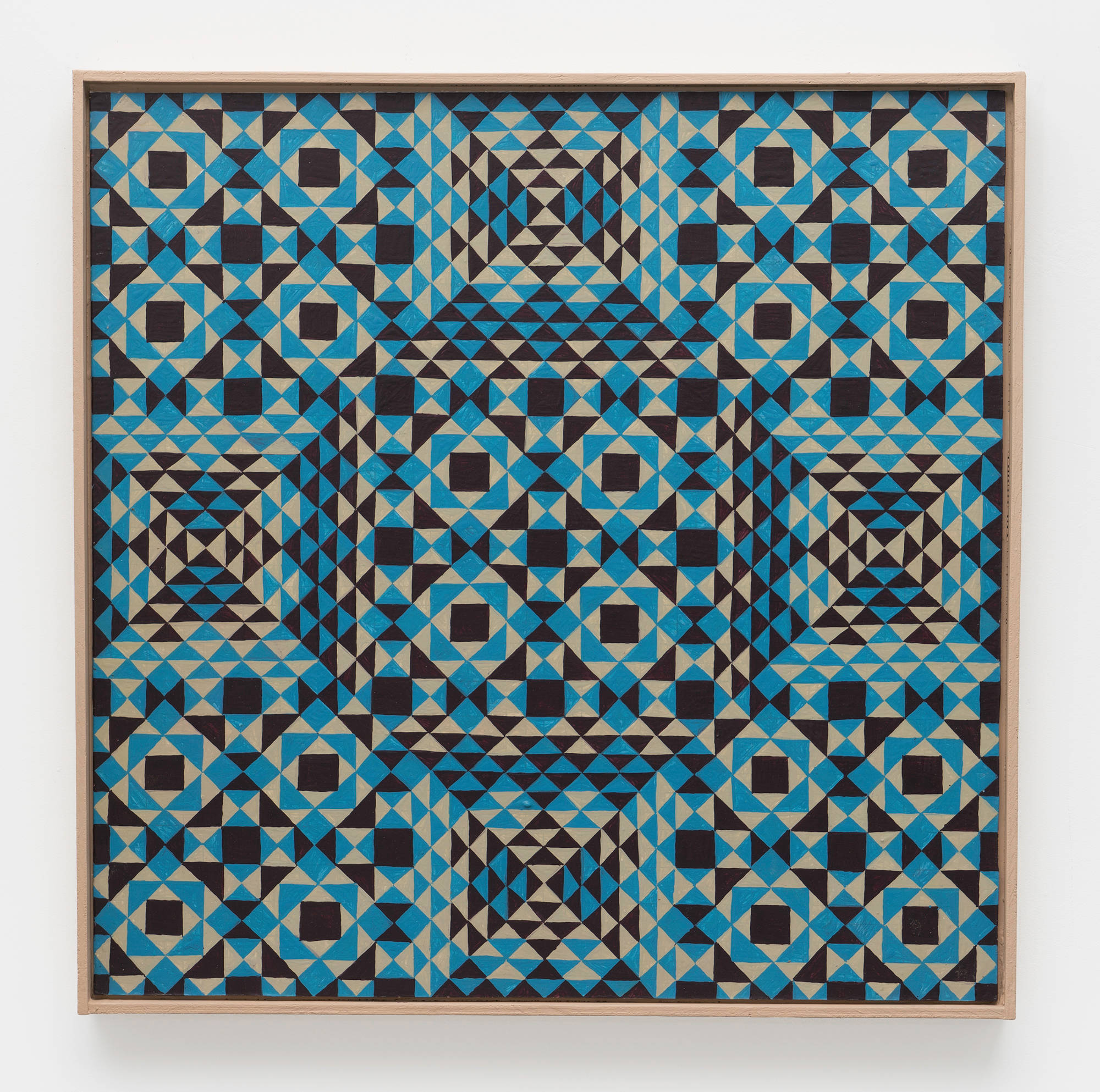 A colorful, symmetrical, geometric painting on board consisting of a pattern of repeating diamonds and triangles of tan, brown, and blue in a tan artist frame.