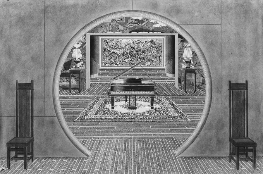 Black and white pen and graphite drawing by Kyung-Me rendered in perspective, showing a circular doorway into a room with two shaker style chairs flanking the opening. inside of the room is a grand piano and a rug. behind that is a large painting.