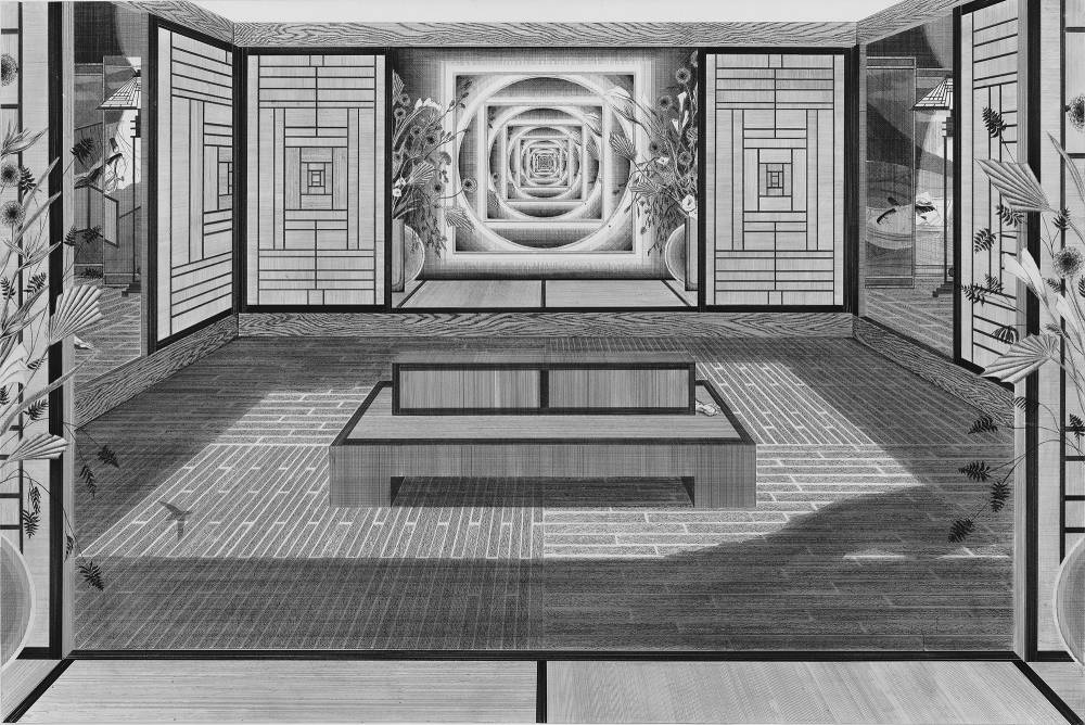 Black and white pen and graphite drawing by Kyung-Me rendered in perspective, showing a room with a low chair/daybed in the center, all of the walls are covered in Japanese paper screens that open into other rooms.