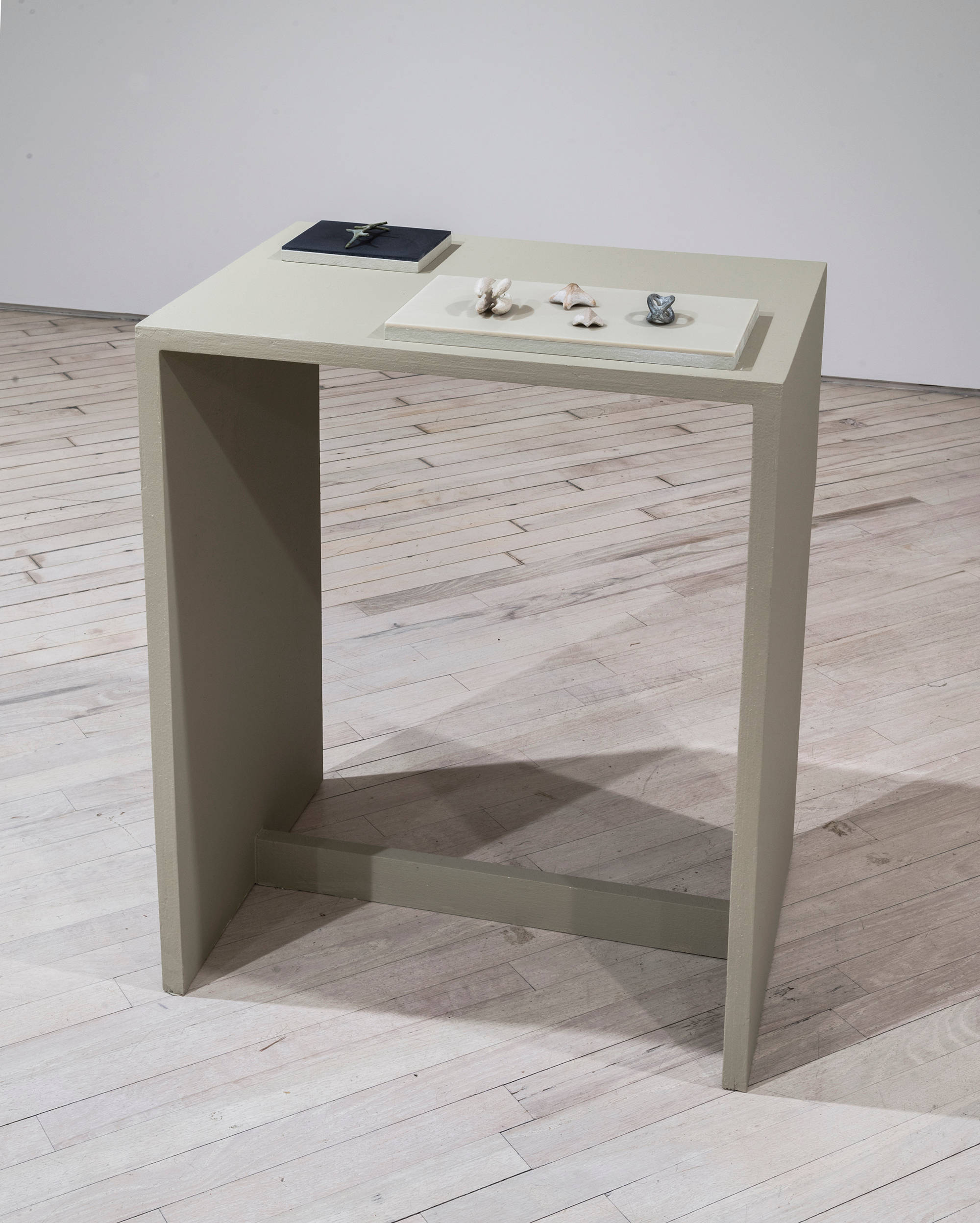 In a darkened gallery space, a green-tinted table stands in the center. On top of the table are two small plinths with an array of miniature abstract sculptures resembling forms fond in nature. A white wall is visible in the background.