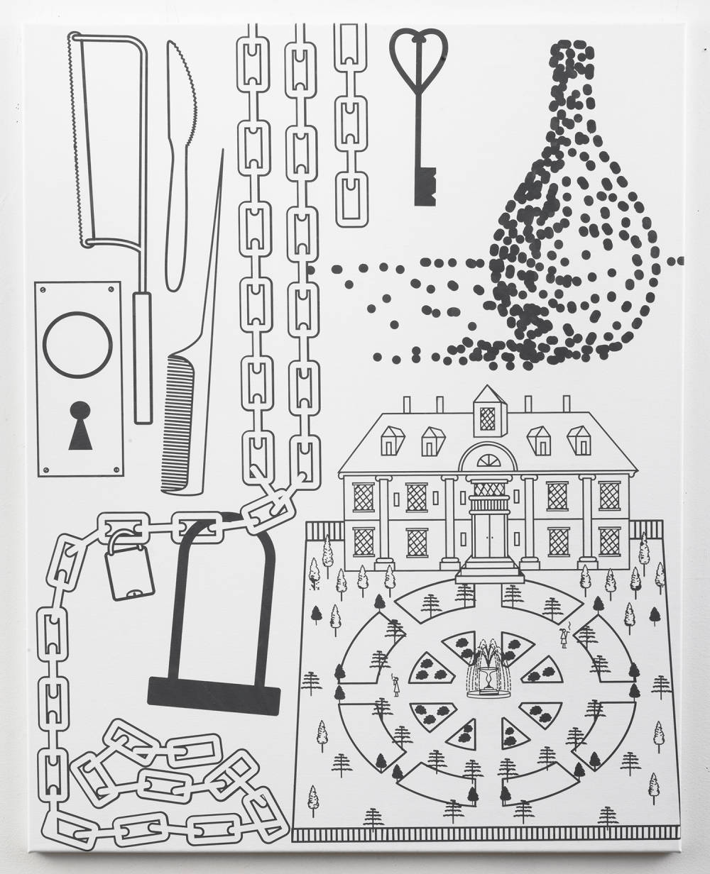 Image of an oil on canvas painting depicting a number of objects: knife, saw, comb, key, chains, bike lock, and an estate with an ornate garden. 