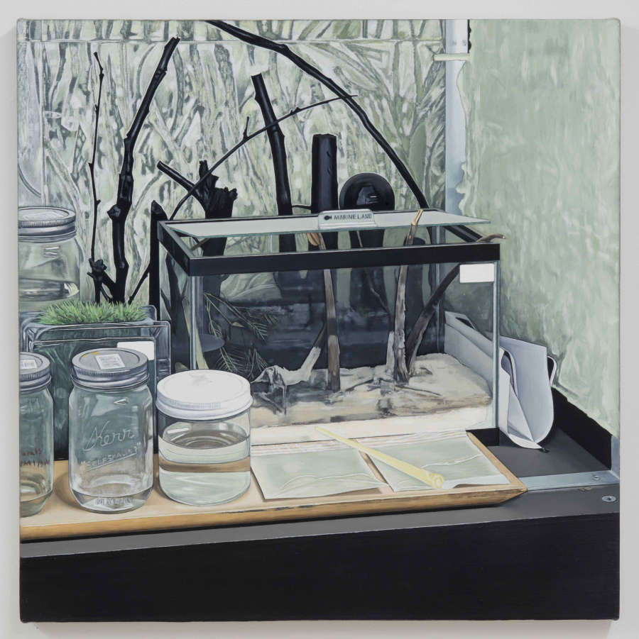 Oil on canvas painting depicting a fish tank on a table with various lidded jars and a notebook sitting in front of it.