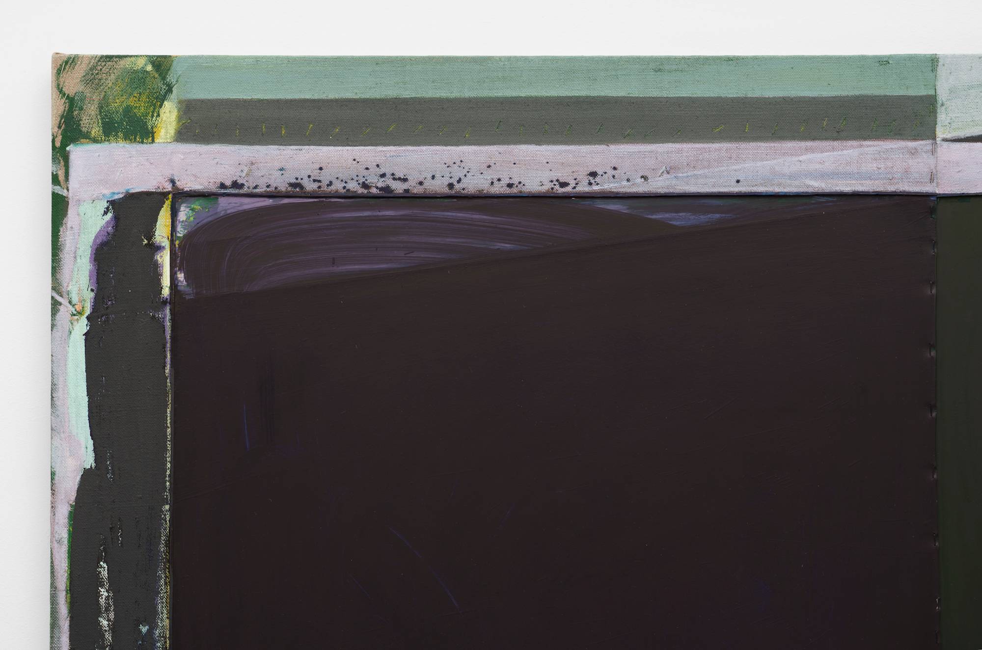 Detail of a large, geometric, abstract painting by Julia Rommel in hues of black, purple, green, and blue.