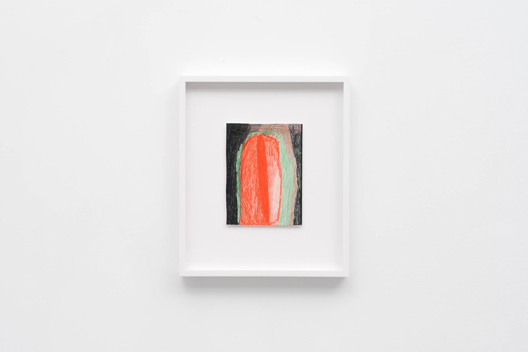 Cathy Lebowitz abstract colored pencil drawing featuring a monolithic egg shape occupying much of the frame rendered in green, black, and red, mounted in a white frame.