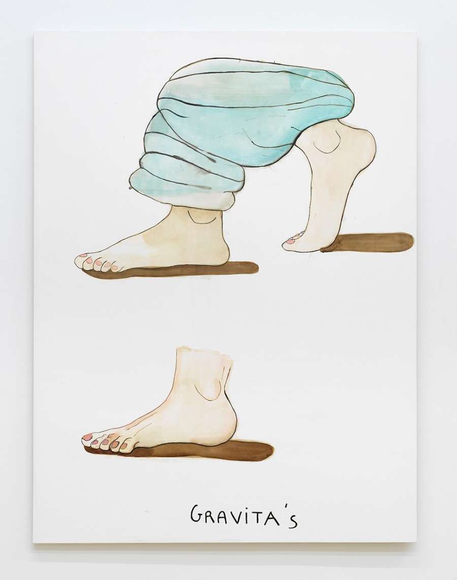 A watercolor painting on canvas depicting the robed feet of someone walking with a single foot shown below, at the bottom of the canvas is the word "Gravita's"