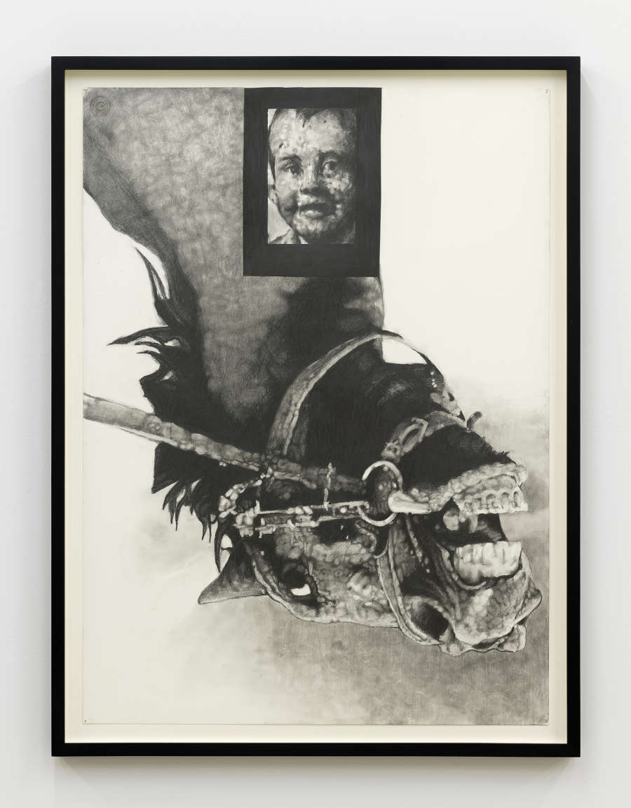 A framed graphite drawing of an upside horse bust with a portrait of a young person drawn above it. 