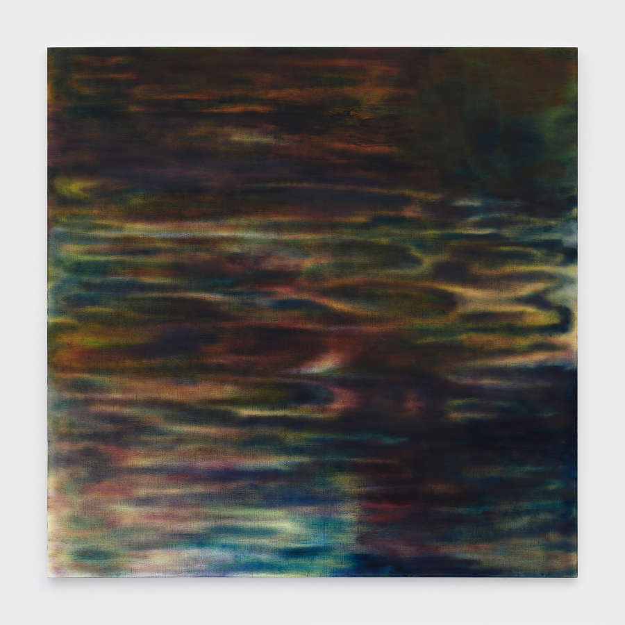 Abstract oil on linen painting by Kate Spencer Stewart with a multi-color underpainting and water-like ripples of dark blues and purples overtop.