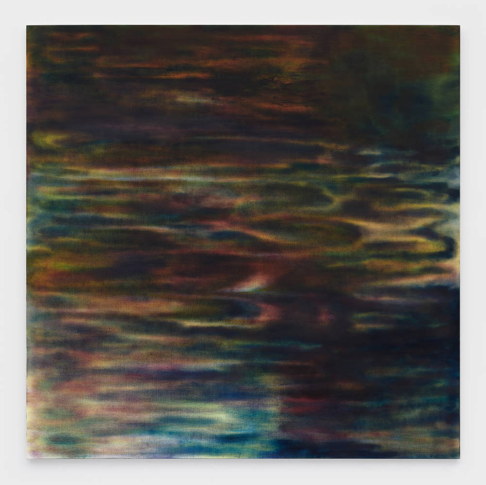 Abstract oil on linen painting by Kate Spencer Stewart with a multi-color underpainting and water-like ripples of dark blues and purples overtop.