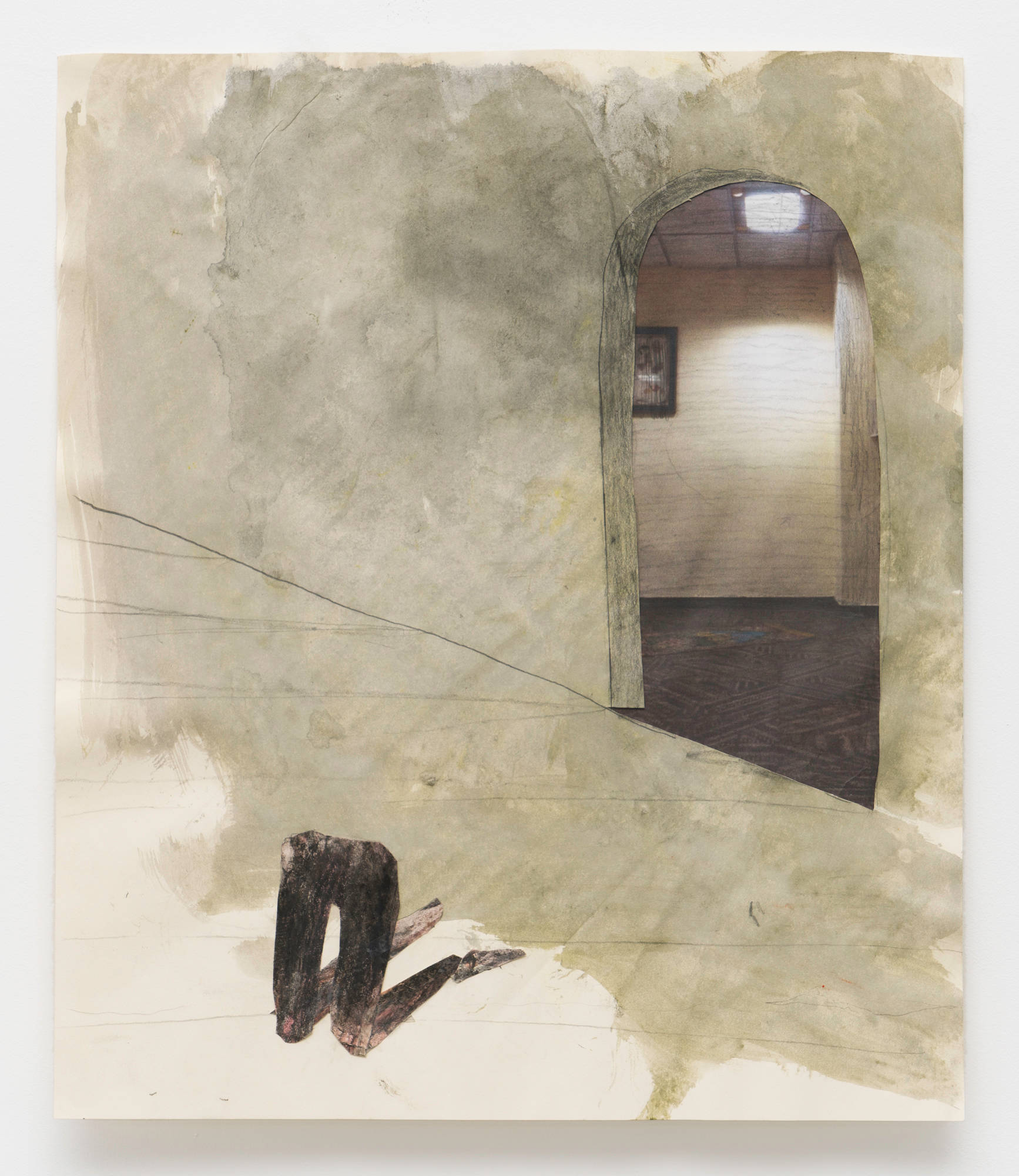 A collage on off-white paper painted a murky green-grey. An arched doorway reveals a pasted photo of a liminal space. A pair of legs, disembodied at the waste, kneel in the foreground.