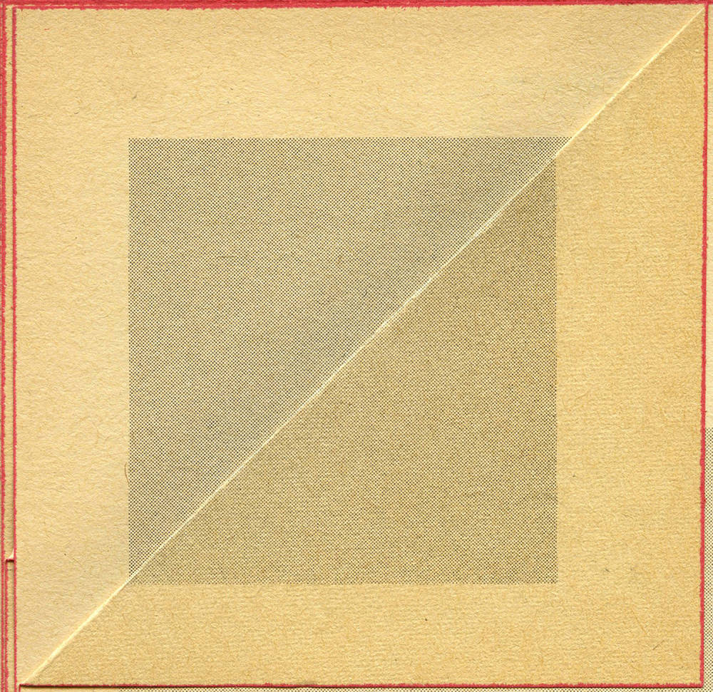 Image of the folded corner of the yellowed pages of a book, with a grey central square made up of two triangles which is the result of the folding -the square is grey made of ben-day dots and the edges of the book's pages have been dyed red creating a red border in the image.