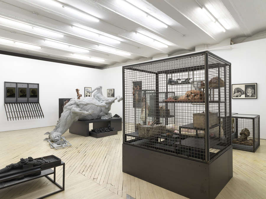 A gallery space filled with many large iron sculptures resembling cages. In the center is a sculpture of a horse. The walls are lined with framed graphite drawings. 