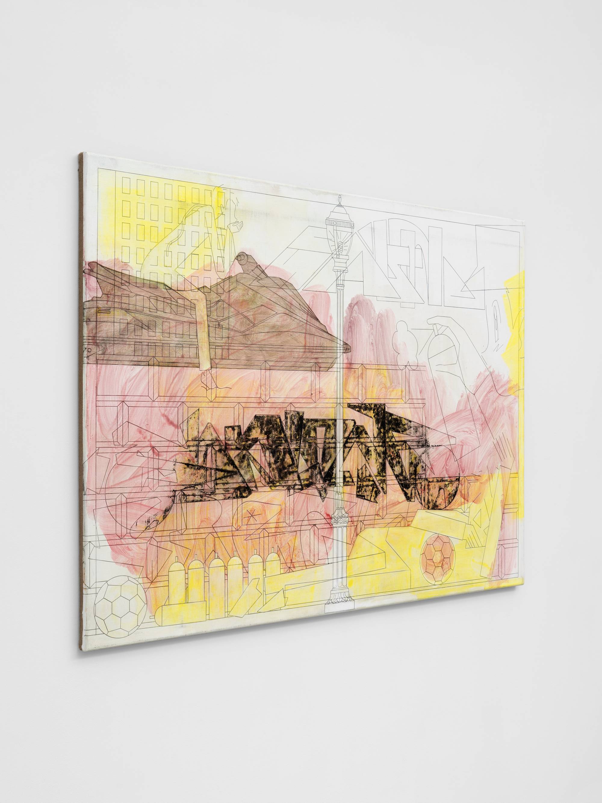 Angle view of a figurative painting featuring three delinquent characters along the border around a central lamp post. One sprays graffiti, one snickers menacingly, laying on his side, cradling a soccer ball, and one sits idle on a jet ski. The painting utilizes stencils for thin painted line work and features brushy hues of red, yellow, and black.