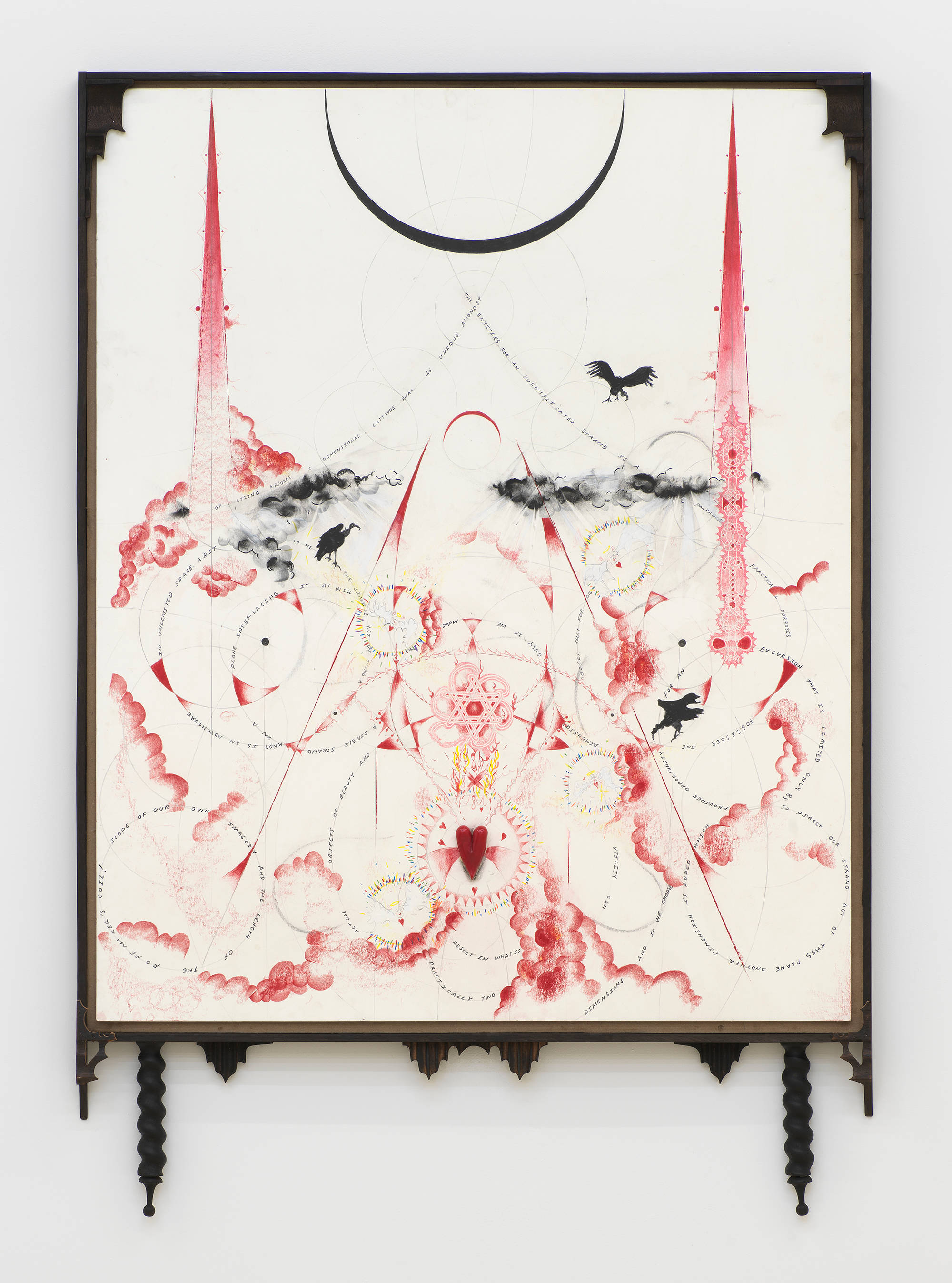 Large drawing framed with a charred black wood frame, which has turned wood and other embellishments. The drawing is predominantly black and red with a few hints of other colors such as blue and yellow. The drawing is organized along concentric interlocking circles, with pointed tangent lines creating steeple like forms which are shaded with a gradient of red. There is a large u shape at the top drawn in black which resembles a crescent moon, and several small black bird forms in silhouette. At center there is an interlocking knot and a wax heart surrounded by many shaded red and black cloud forms. Along the lines of the curves there are the words of a poem written in pencil.