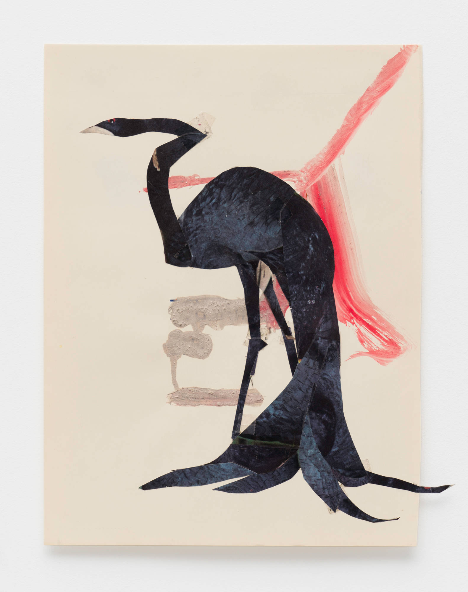 A tall dark blue bird is collaged against an off white paper background with brushes of pink and grey water color.