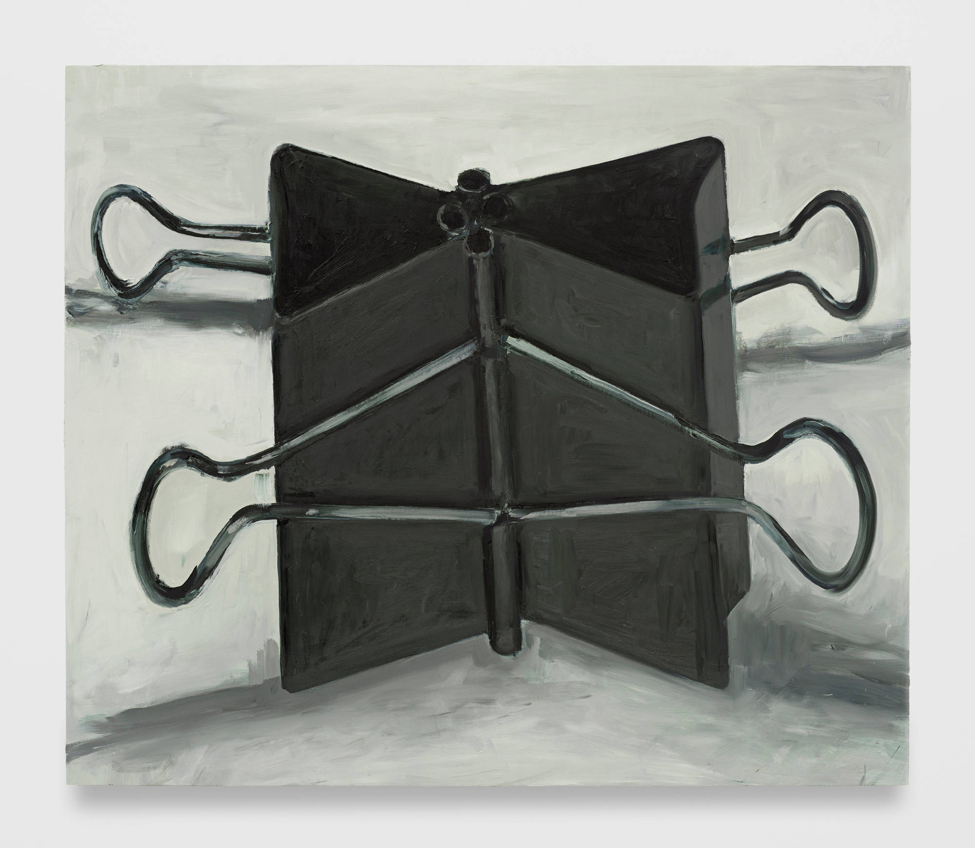 A still life painting of two binder clips clamped together. The painting is mostly black and gray with subtle hints of yellow and blue. The clips occupy almost the entirety of the frame.