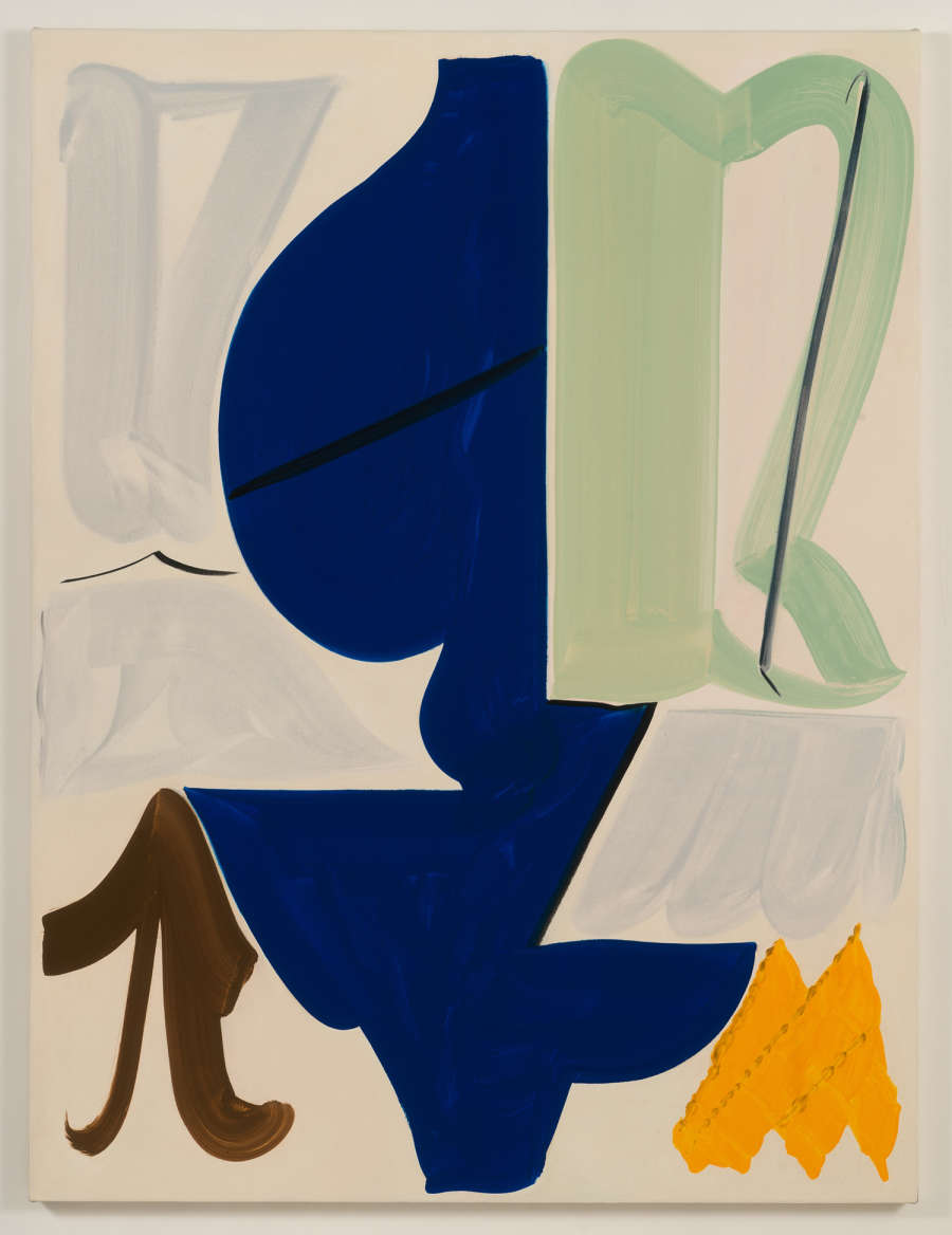 A large abstract painting. The ground of the painting is a tinted, warm white. In the center of the painting is the largest abstract form painted in a dark blue. At the top right is an abstract, bright yellow form. In the bottom right corner is an abstract brown form. 