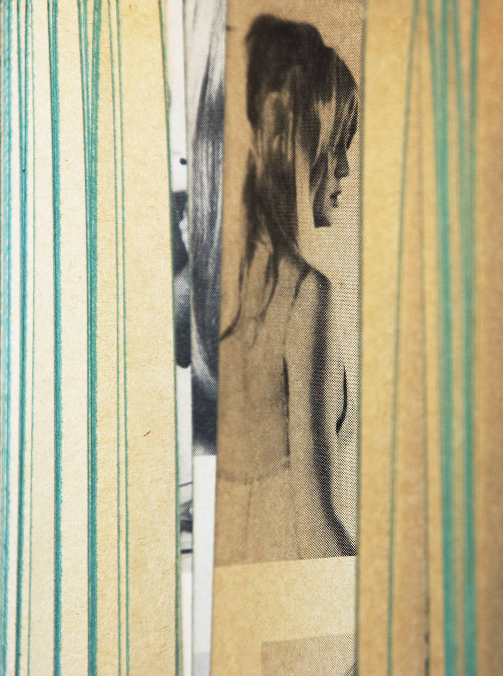 Photograph peering into an open book with the edges of the book's paper creating thin vertical stripes resulting in an mostly abstract image of color and shape. Visible is a cropped image of a woman with her back turned. All other strips are fairly unrecognizable. The dominant color in the image is the yellowed paper and the green dyed paper edges.