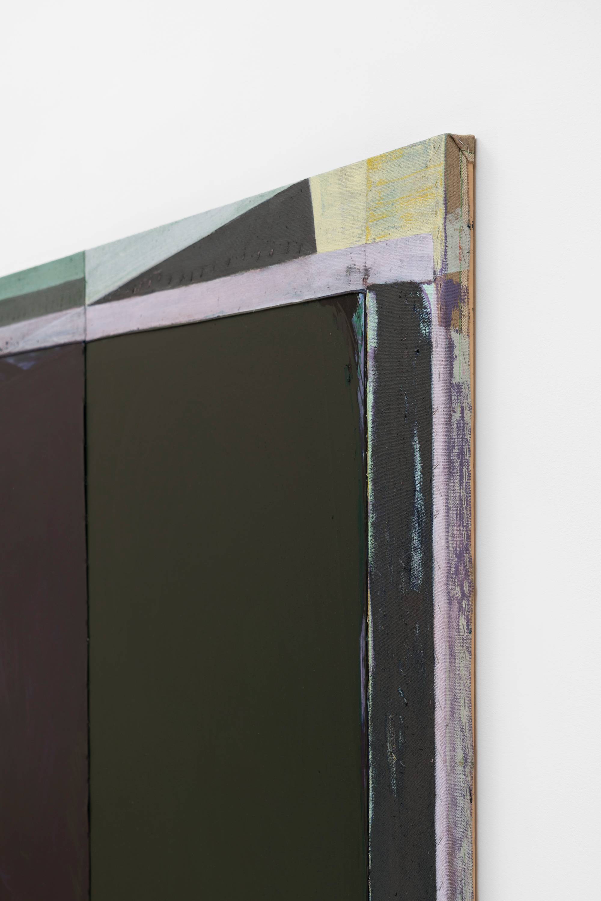 Detail of a large, geometric, abstract painting by Julia Rommel in hues of black, purple, green, and blue.