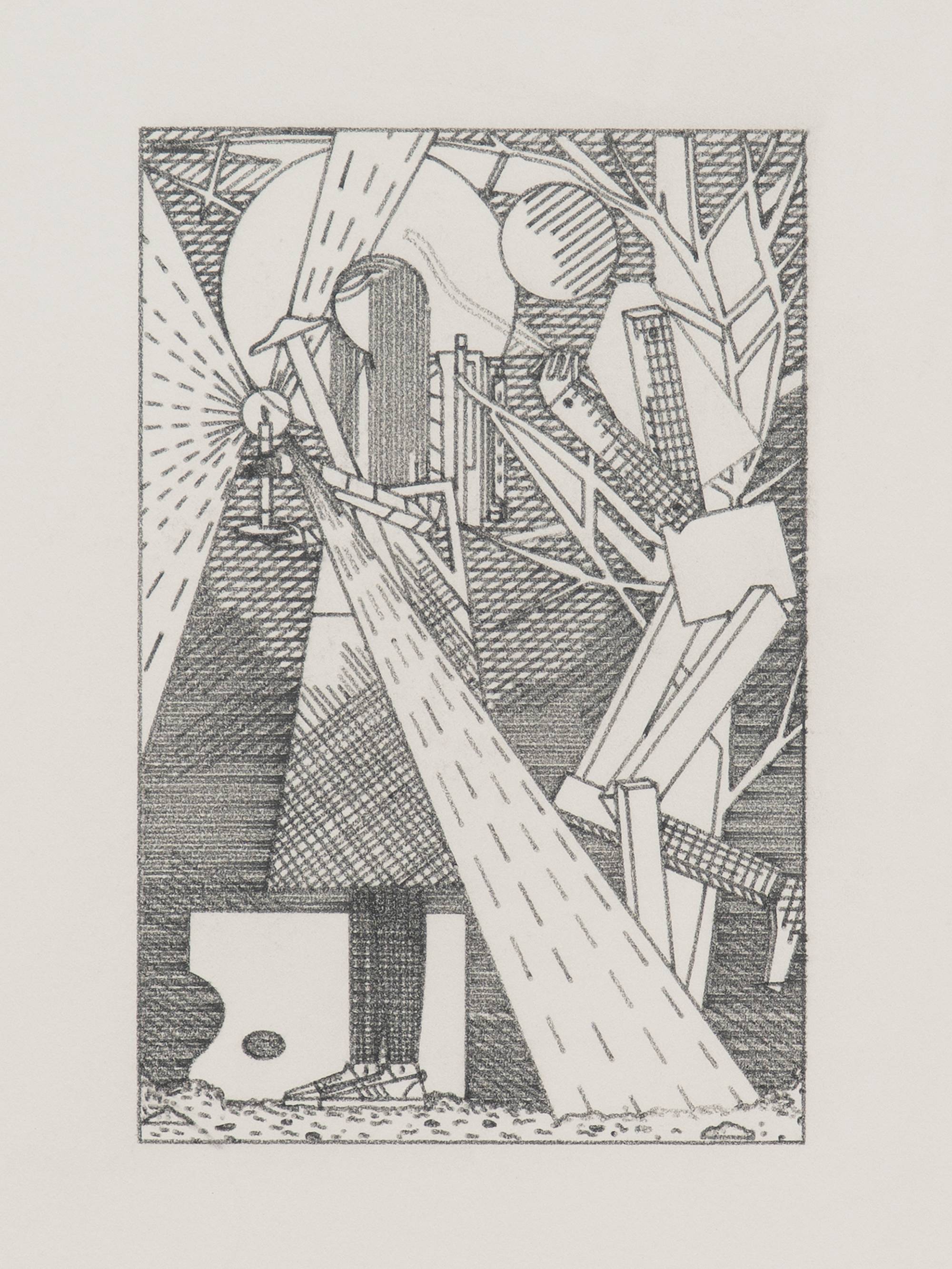 Detail of a small simple graphite drawing of a long haired artist walking through a park by candle light. She carries an easel on her back and her pallet stands by her feet. A large wooden mannequin leans against a tree to the right of frame. The drawing is framed in a dark brown walnut frame seamed together with white epoxy.