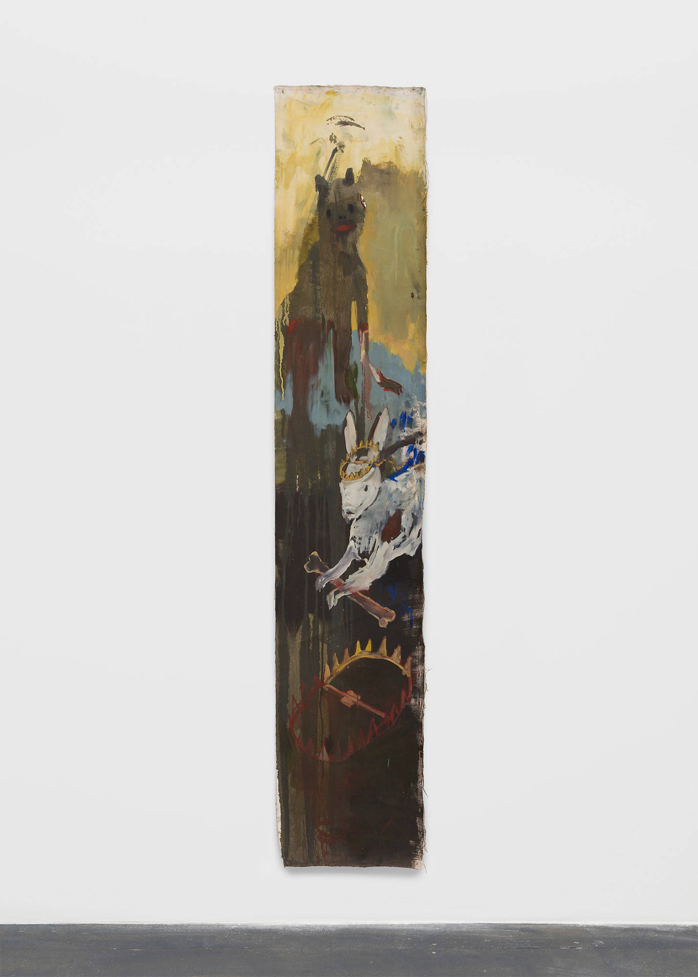 A tall, narrow, unstretched canvas depicts an abstract bear and rabbit against a golden yellow grey background. The bear stands above the rabbit who wears a bear trap as if it were a crown. The rabbit holds a bone in its paws and an additional bloody bear trap is depicted below it.