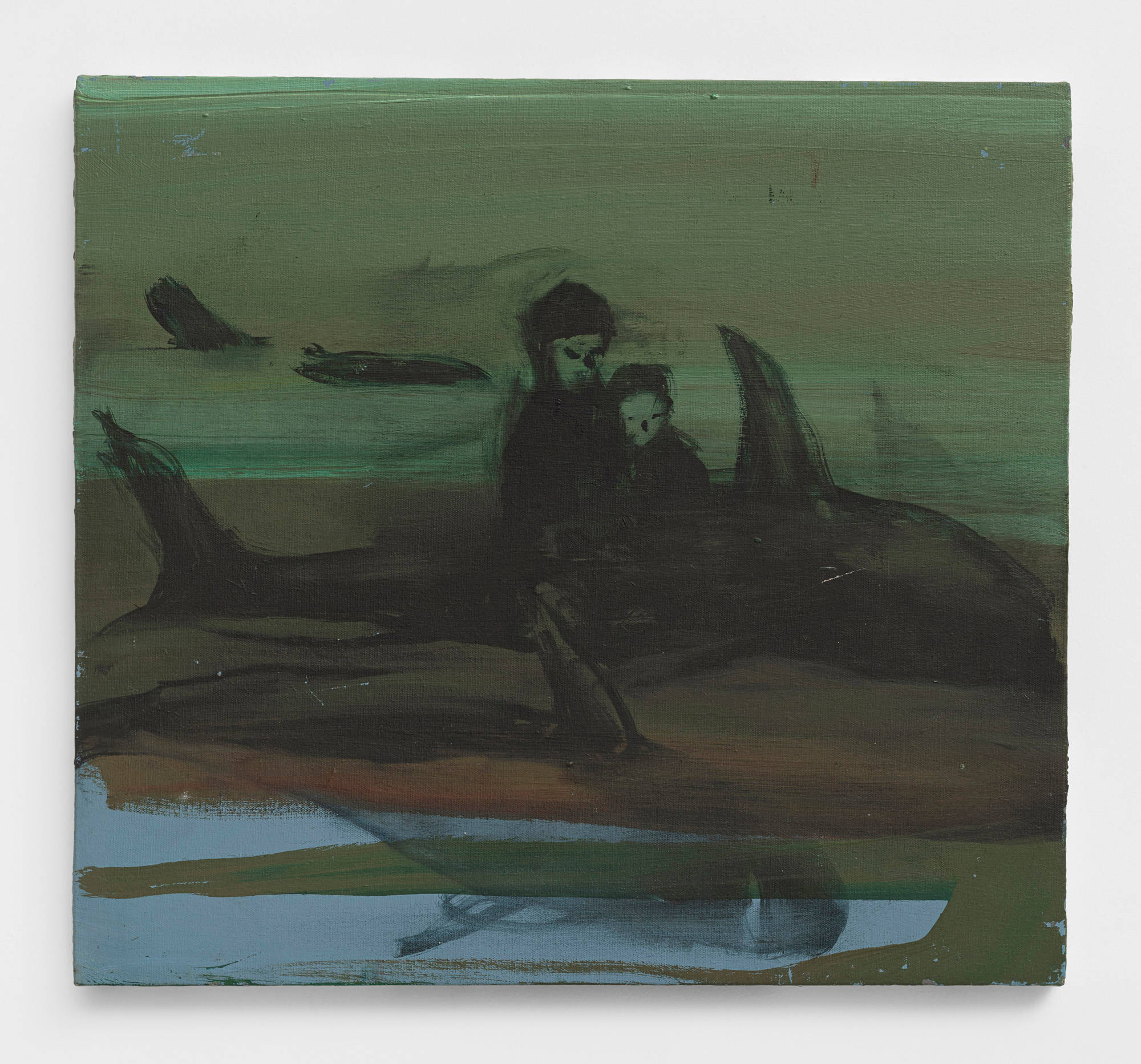 A small painting on canvas depicts a mother and child riding on whale back through a green ocean.