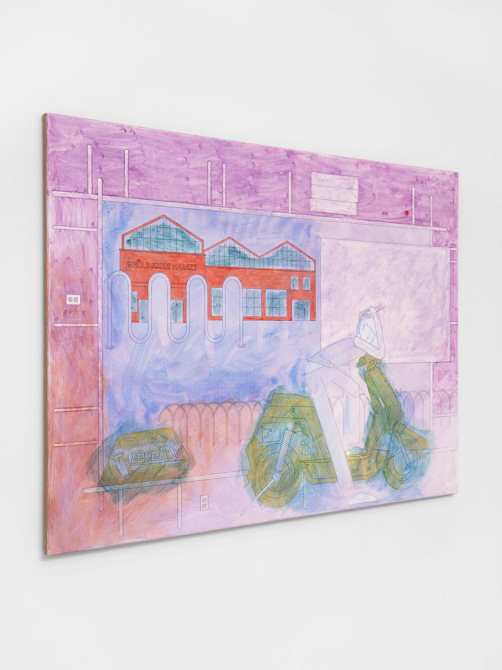 Angle of a figurative painting of a delinquent character disassembling a Revel scooter for resale. A Whole Foods is visible in the background. The painting utilizes stencils for thin painted line work and features brushy hues of red, purple, blue, and green.