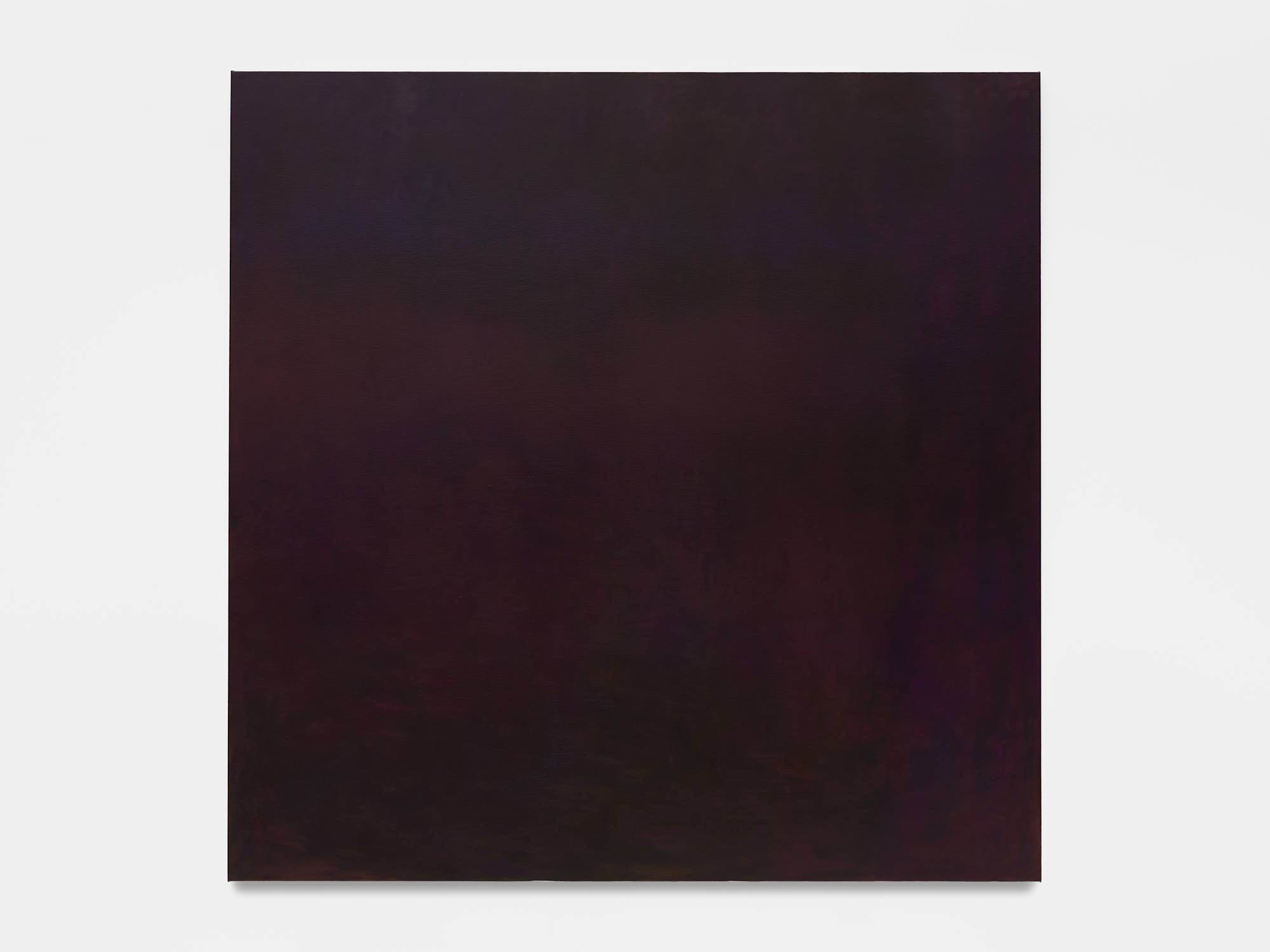 A large square abstract painting with lapis lazuli, dark reds and violets mixed to create a dark reflective surface.