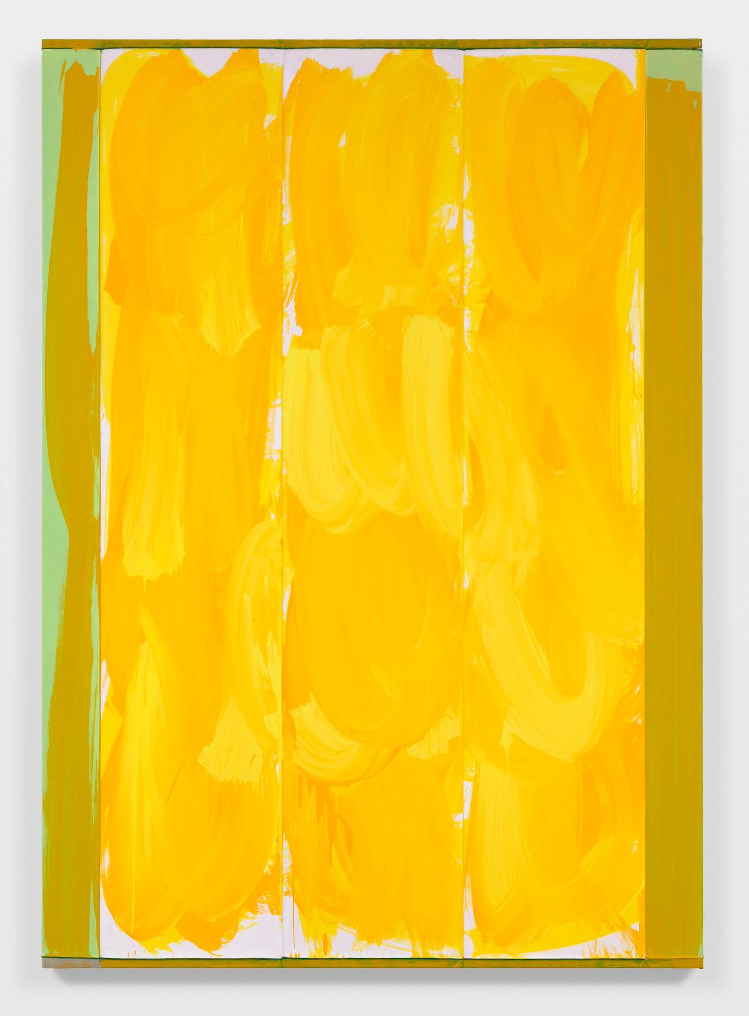 A large abstract painting depicting several divided columns with a wash of brushy yellow paint across the surface.
