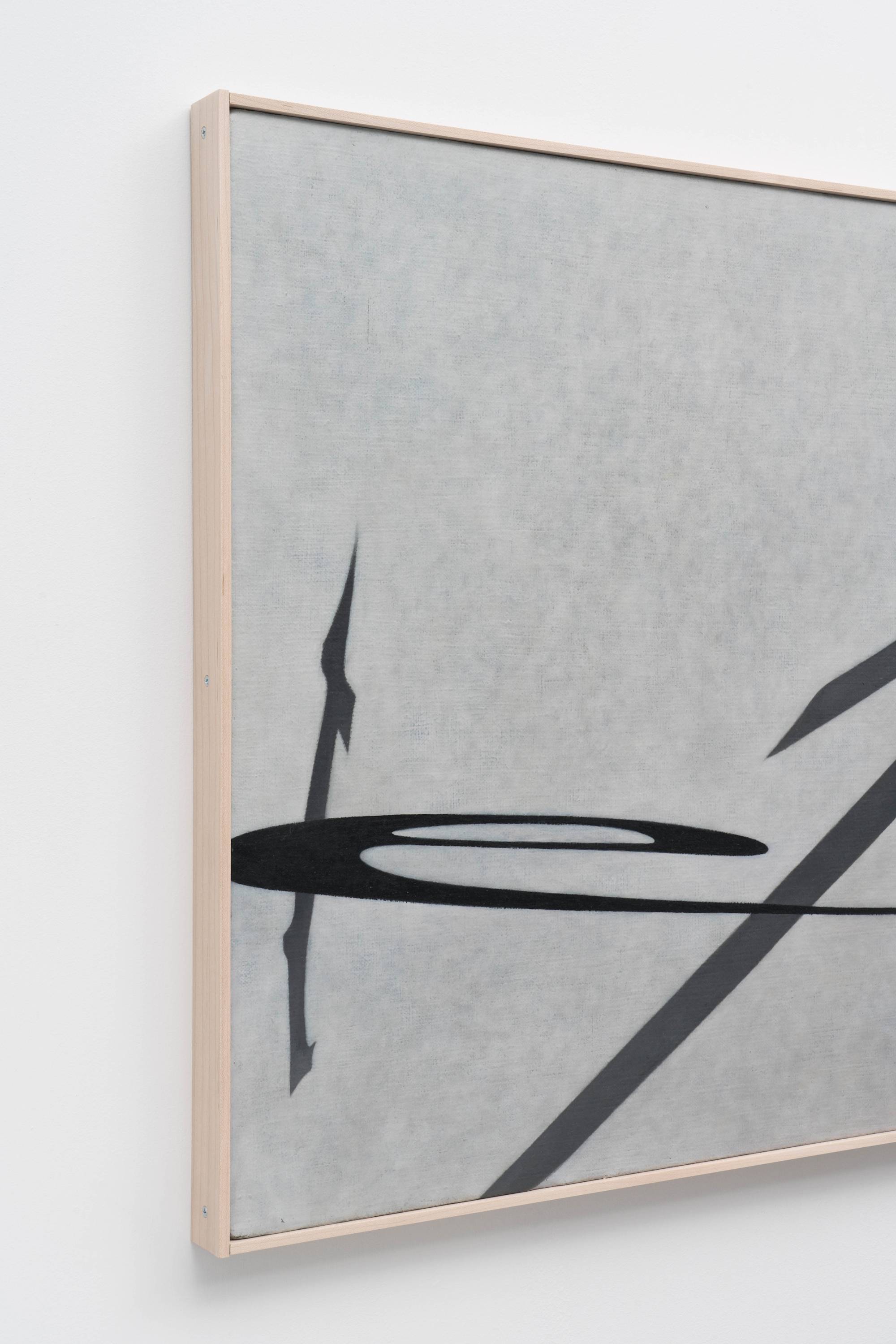 Detail of Ian Miyamura painting depicting the letters "T, A, S, T, E" arranged at different sizes and angles on a light grey background. The painting is mounted in a wood frame made by the artist.