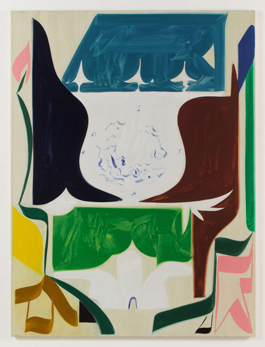A large abstract painting. The painting contains numerous, dominant abstract shapes in bold color. The paint is thin and gestural. The dominant colors are shades of white, black, brown, green, pink, yellow, and blue. 