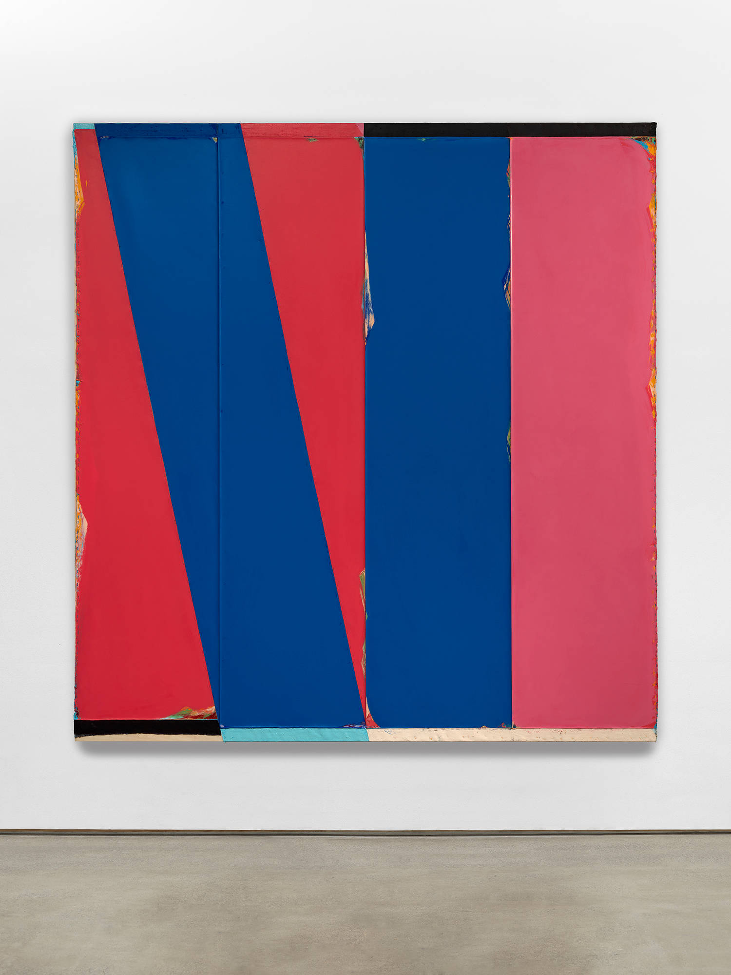 A large abstract painting consisting of several bands of overlapping color primarily rendered in a range of reds and blues.