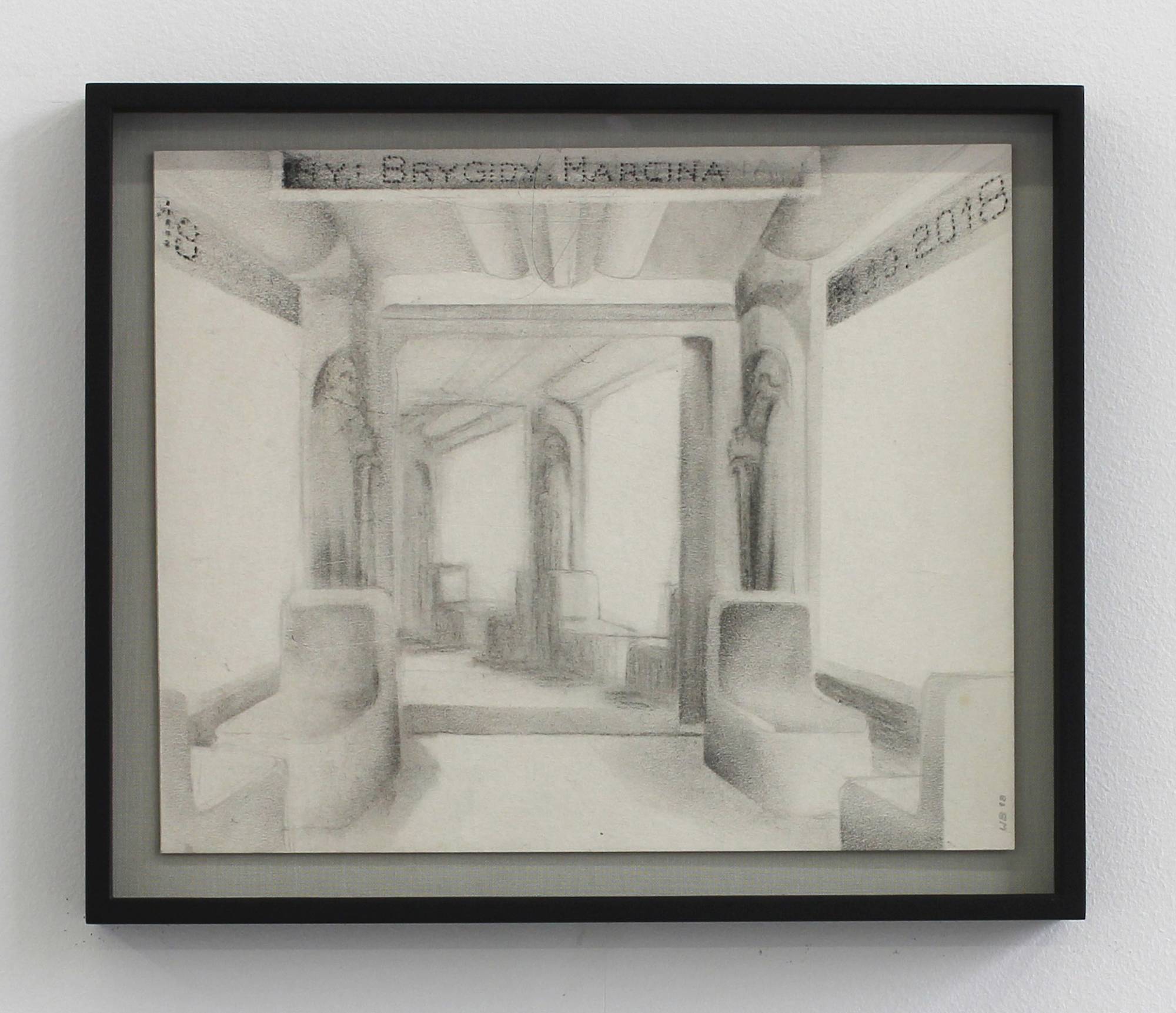 Framed drawing of what appears to be a tram or subway car looking down the open gangway with seats on either side.
