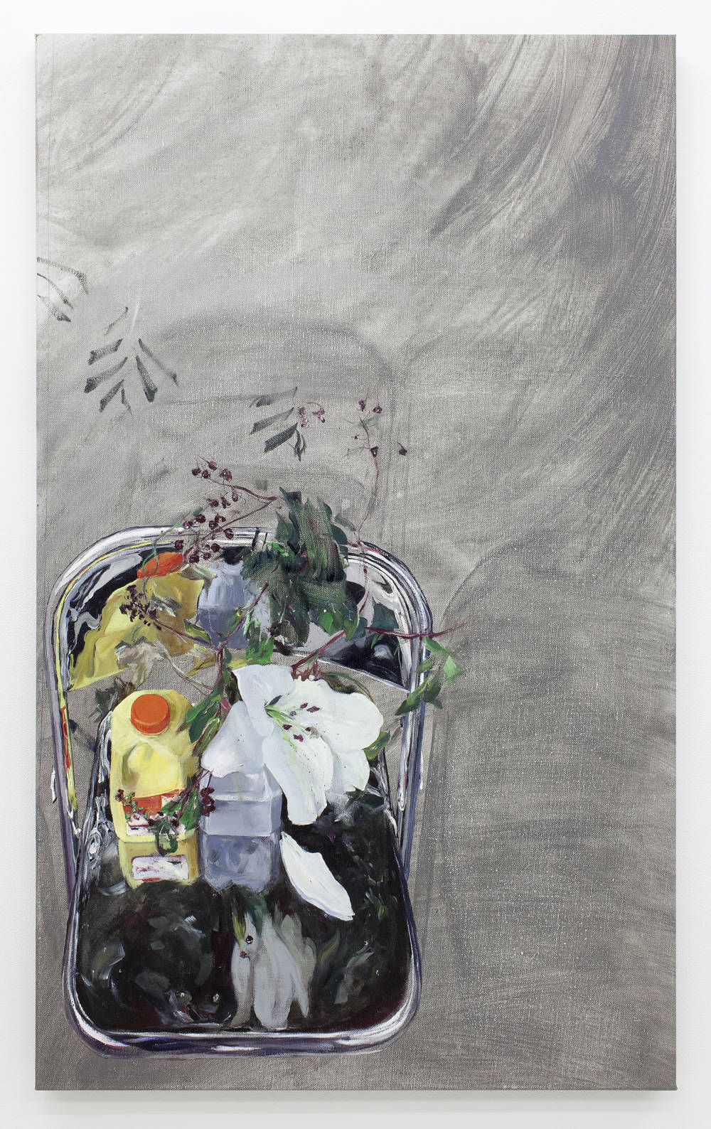 A thin, vertical painting depicting a bird's-eye view of a chrome, reflective chair in the bottom left corner. Sitting on the chair is a jug of orange juice and a bouquet of flowers. The background of the painting is brushy mixture of gray paint.