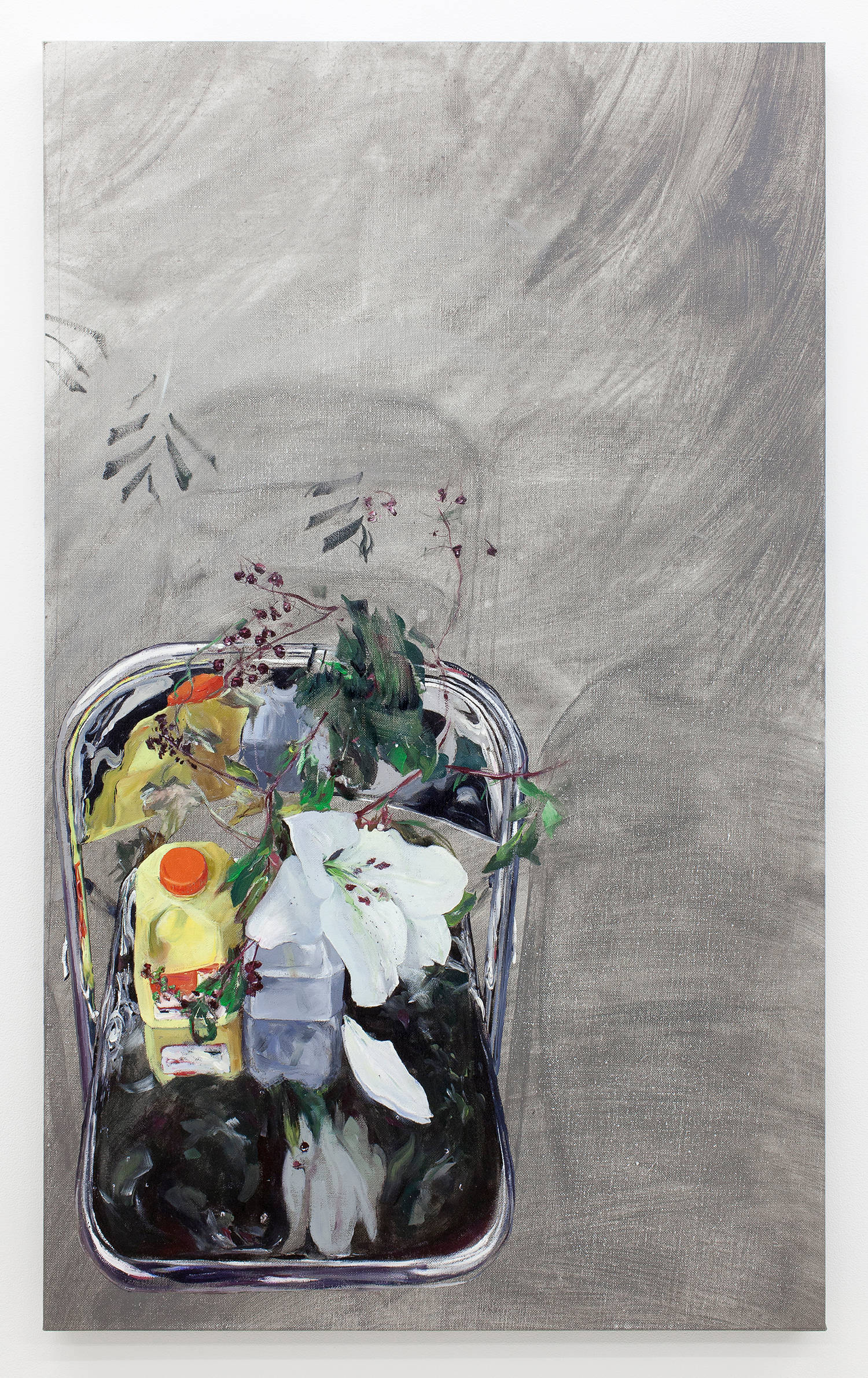 A thin, vertical painting depicting a bird's-eye view of a chrome, reflective chair in the bottom left corner. Sitting on the chair is a jug of orange juice and a bouquet of flowers. The background of the painting is brushy mixture of gray paint.