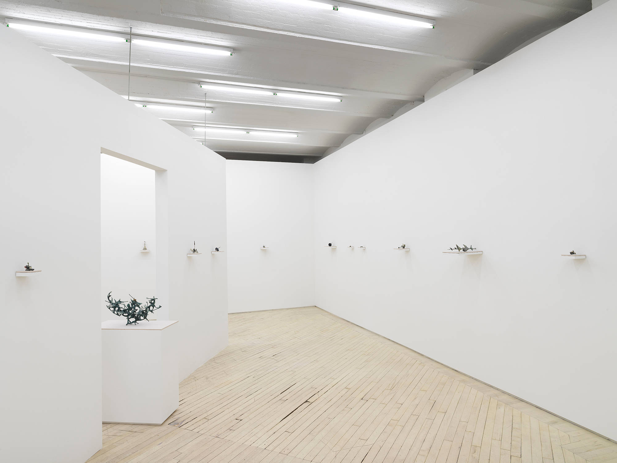 In a gallery space, numerous miniature abstract sculptures are hung evenly spaced apart on small shelves installed directly to the wall. In the center of the room is a freestanding diagonal wall with a doorway or passage cut into it. In the center of the frame is a larger abstract sculpture resting on top of a plinth.
