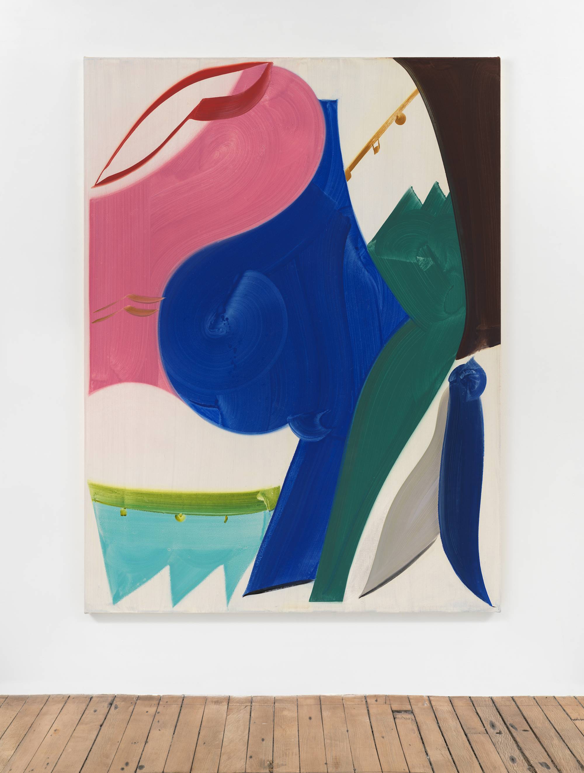 An abstract painting of large, curved shapes with visible brush strokes in blue, green, aqua, brown, grey, gold, red, and pink against a cream background, hangs on a white wall above a wood floor.