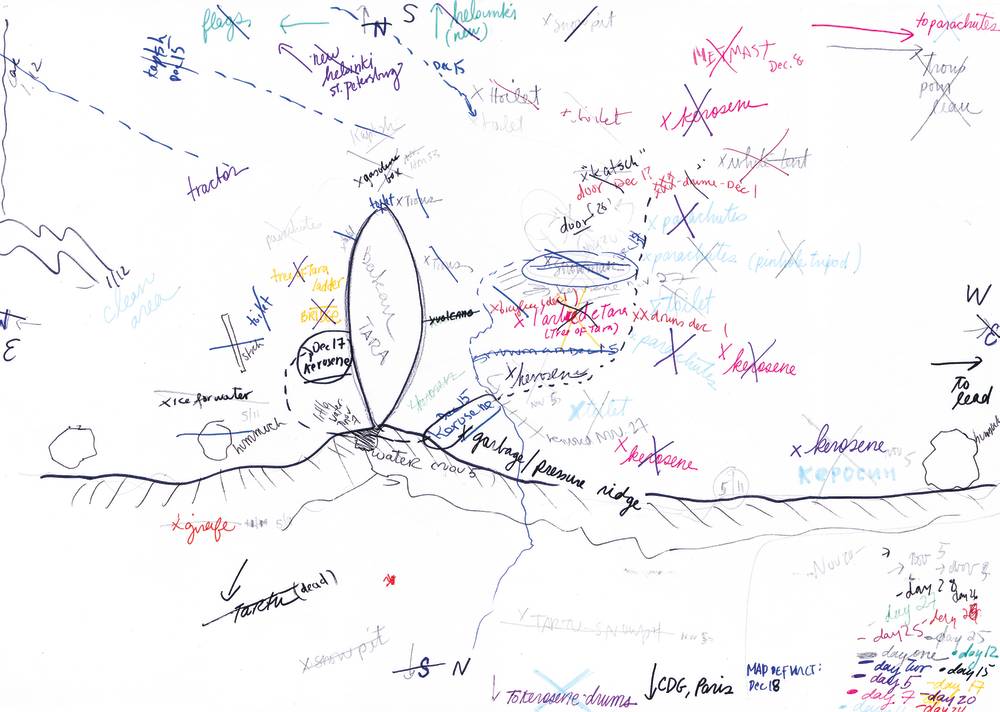 multi-colored marker drawing of a map with many words X'ed out. At center is an oval shape which says 'Tara'.
