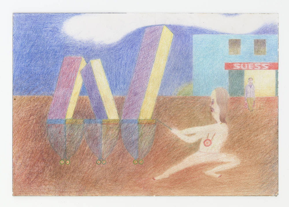 A small work on paper rendered in color pencil with an abstract cartoon-like figure pulling a cart in front of a storefront with the sign "SUESS." The dominant colors are hues of brown, red, blue and yellow. 