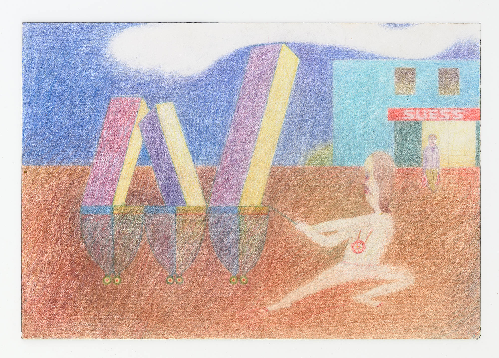 A small work on paper rendered in color pencil with an abstract cartoon-like figure pulling a cart in front of a storefront with the sign "SUESS." The dominant colors are hues of brown, red, blue and yellow.
