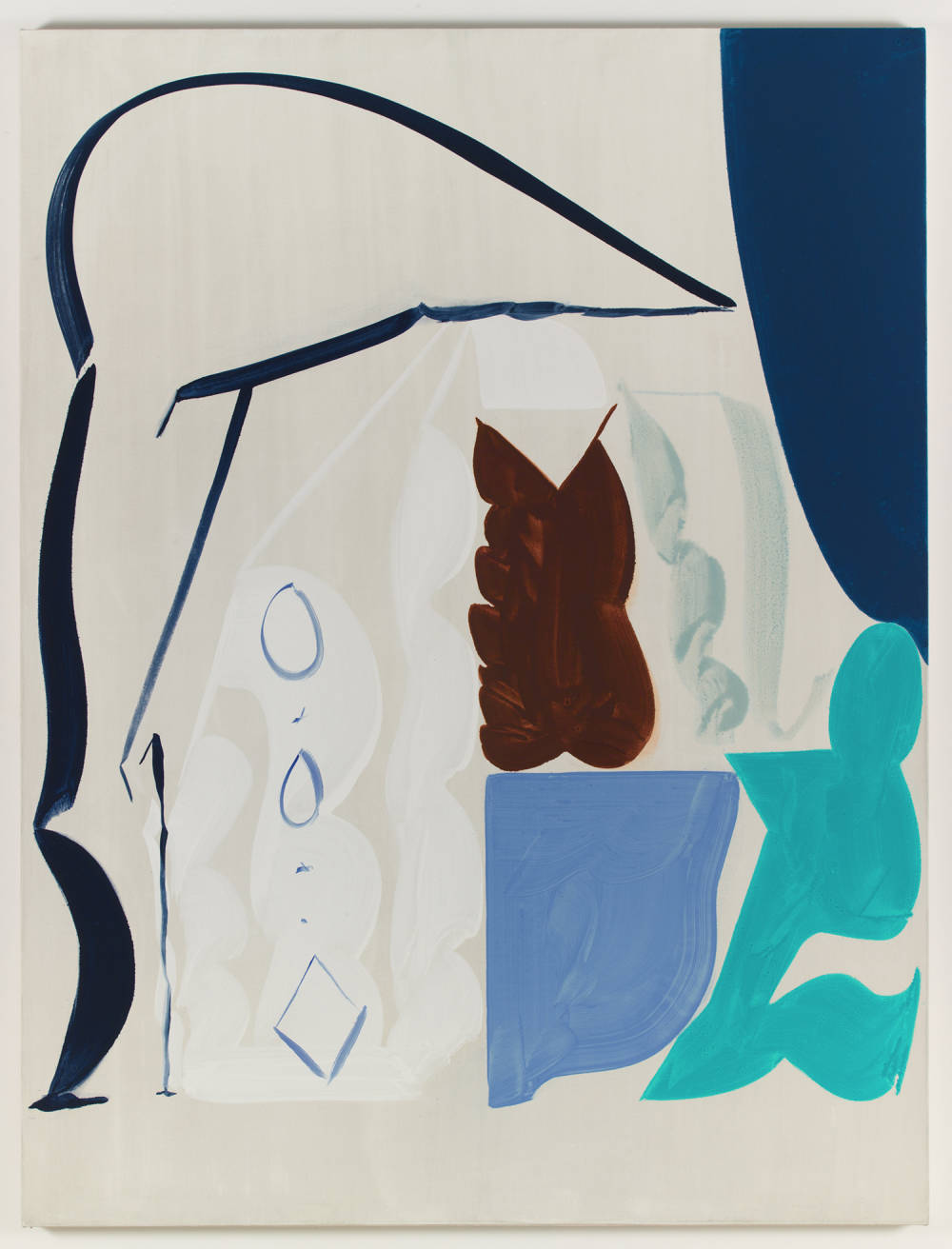 A large abstract painting. The ground of the painting is a tinted gray. In the top right corner is a section painted blue. There is a calligraphic mark moving up the left side. The bottom right contains an abstracted form painted in an aqua blue. 