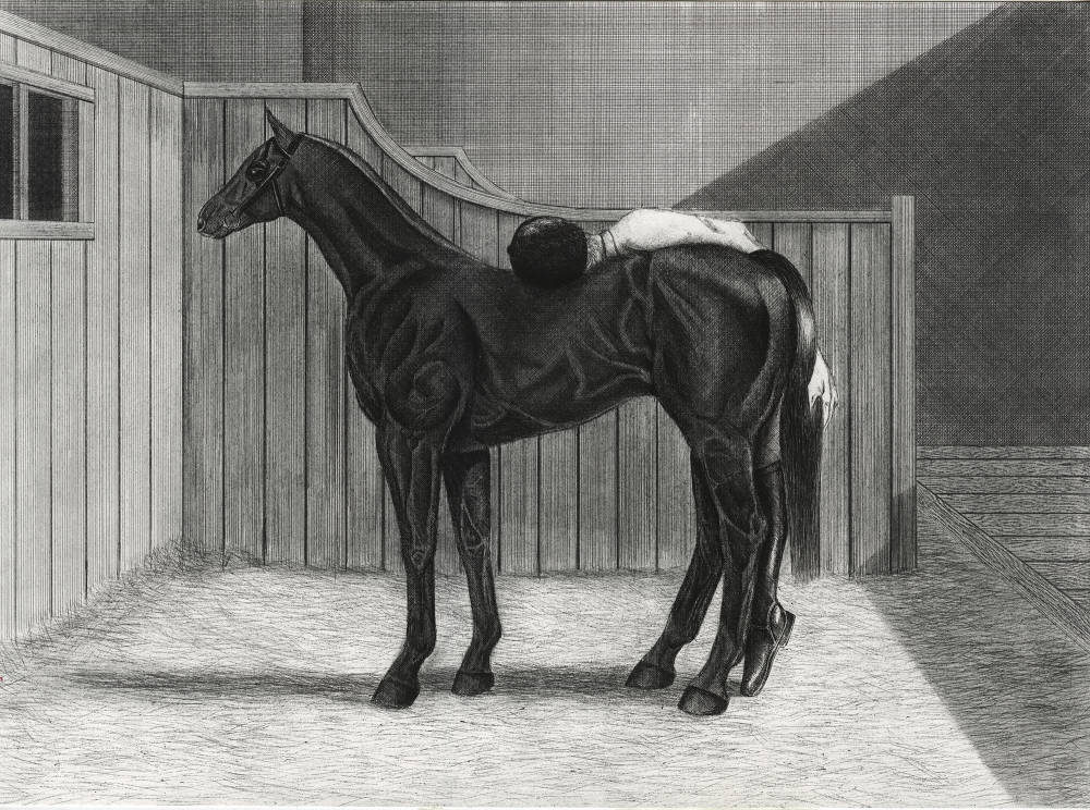 Black and white pen and graphite drawing by Kyung-Me rendered in perspective, showing a black horse standing in a stable in profile, there is a person slumped over the back of the horse as if sleeping, or dead.