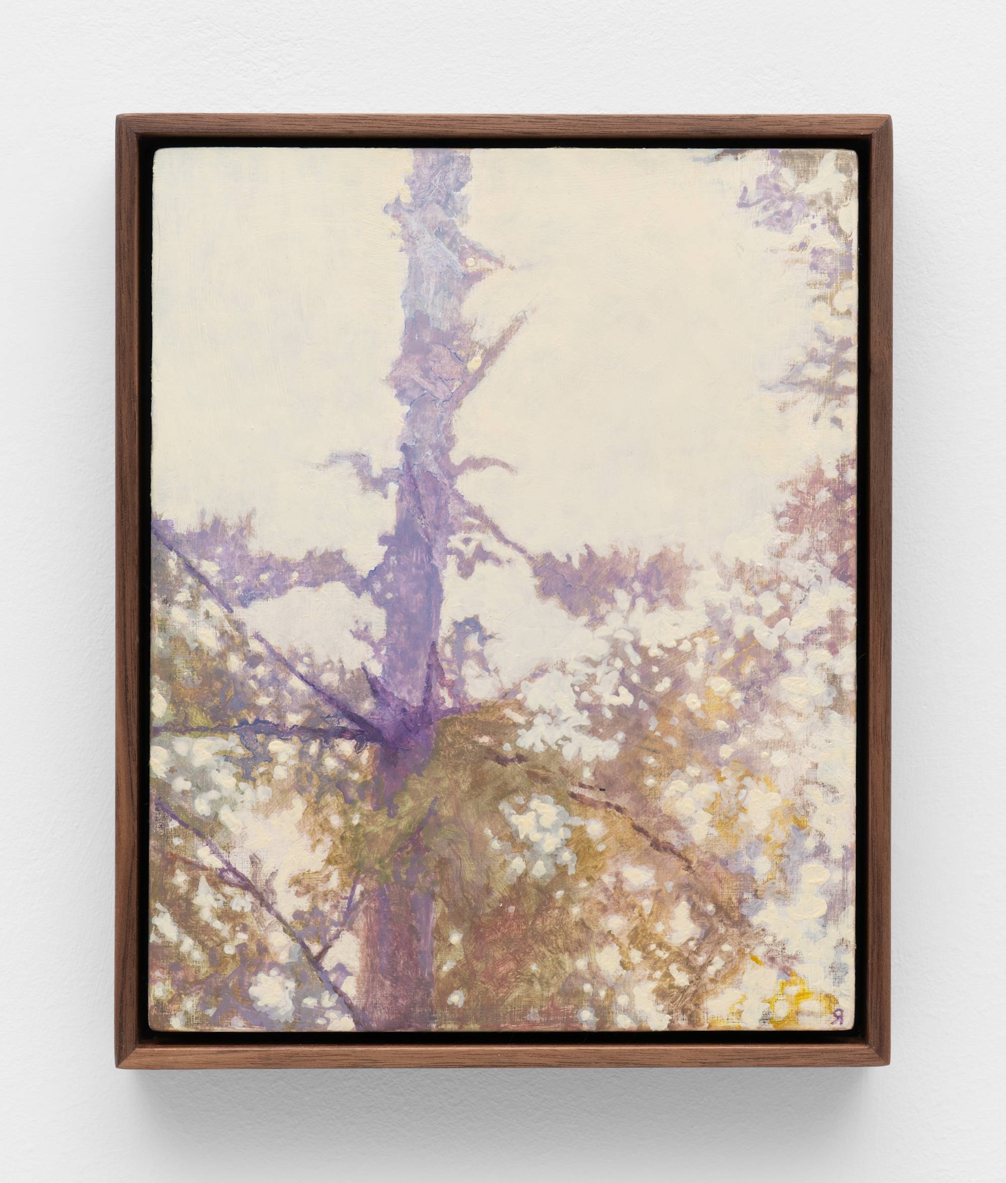 A painting framed in dark wood depicts the trunk and branches of a tree against a light, hazy background. The artwork uses soft brushstrokes and a muted color palette with hints of purple, green, and white.