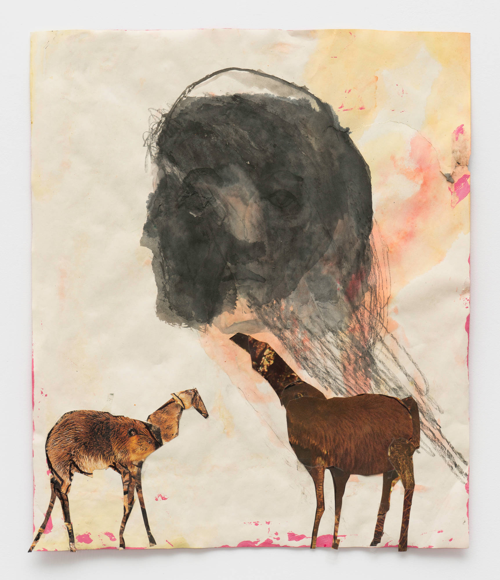 A collage of paper and gouache depicting two abstracted animals beneath a monolithic dark face.