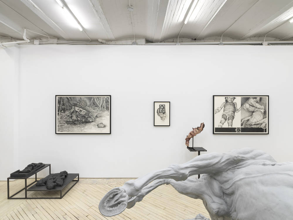 A row of graphite drawings in black frames depicting human and animal bodies. On the ground are two iron sculptures resembling abstract forms. 