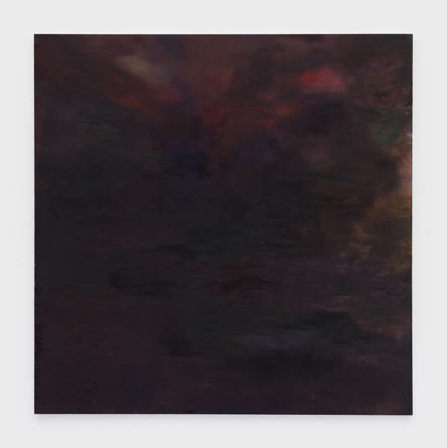 Abstract oil on linen painting by Kate Spencer Stewart with an almost black, heavily brushed layer of purple paint with faint areas of pink and orange coming to the surface. 