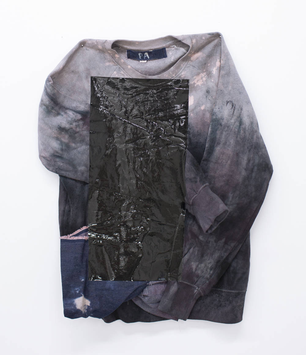 Vivienne Griffin & Cian McConn, PA/NYC, 2017, Dye, bleach, heat-pressed black foil, and denim on cotton sweatshirt, Size large